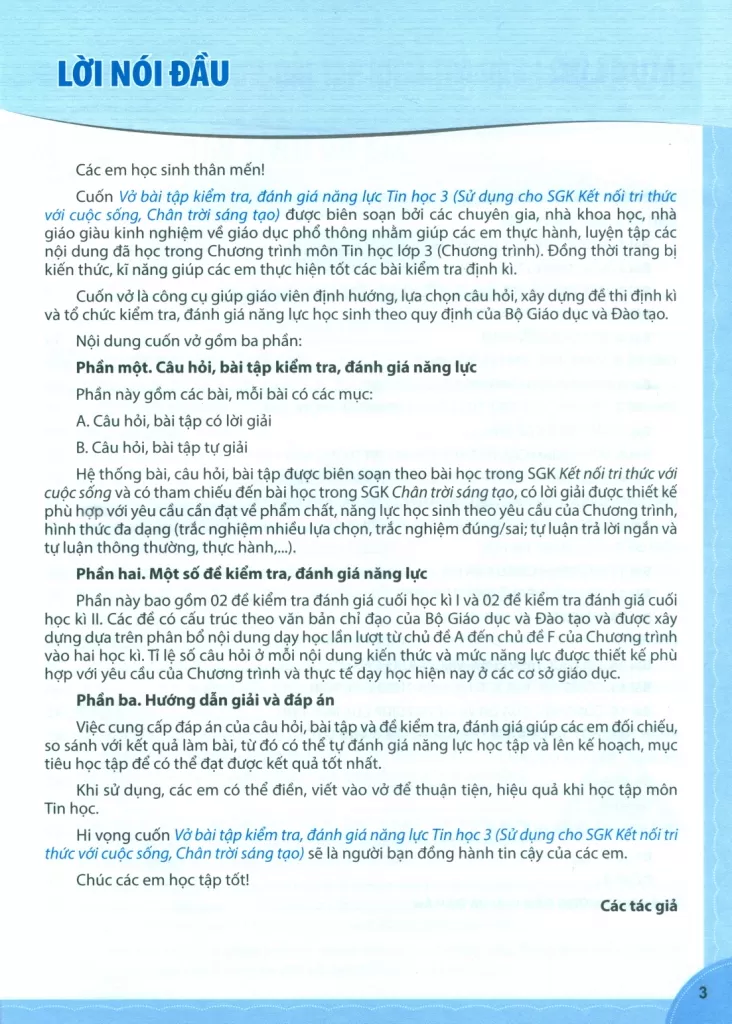 VỞ BÀI TẬP KIỂM TRA, ĐÁNH GIÁ NĂNG LỰC TIN HỌC LỚP 3 (Sử dụng cho SGK Kết nối tri thức, Chân trời sáng tạo)